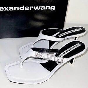 Alexander Wang White Crystal-Embellished Thong Kitten Heel Sandals 39 8.5